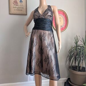 Vintage 1990s Jones New York Halter Dress Lace Satin Midi Formal Gothic Size 6